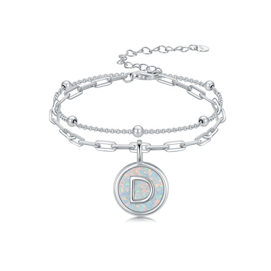 LWQQWL Initial D Bracelet for Women 925 Sterling Silver Layered Initial Bracelet Opal Letter 26 Alphabet Jewelry Christmas Gifts