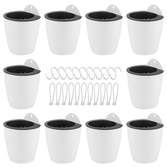 LEXININ 10 Pack 5 Inch Self Watering Hanging Planters, White Plastic Wall Mounted Plant Pots, Vertical Flower Pot for Plants