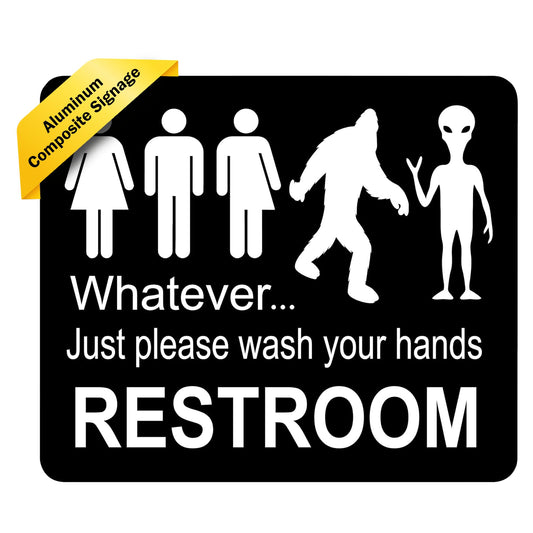 Just Please Wash Your Hands Bathroom Sign | Bigfoot Alien Funny Signs - Inclusive Decor - Door & Wall Restroom Signs - 8.5"x10"