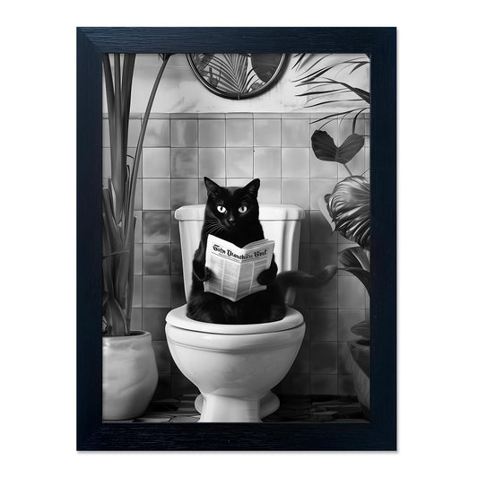 Black and White Bathroom Wall Decor Funny Black Cat Sitting on Toilet Reading Newspaper Humorous Bathroom Wall Art Small Framed Animal Canvas Print Artwork