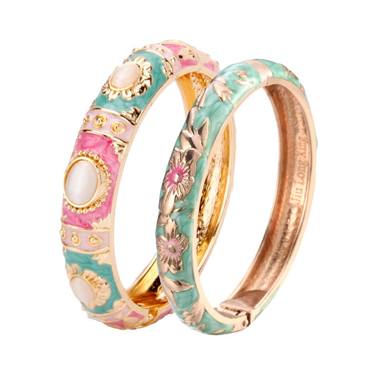 UJOY Vintage Cloisonne Jewelry Bracelet Gold Plated Handmade Bead Rhinestones Enamel Spring Cuff Bangles 2 Pcs Set for Womens Gift 7735-55A103 Pink Green