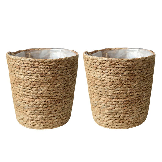 Veemoon 2Pcs Wicker Planter Basket, Rattan Grass Woven Flower Pot Seagrass Planter with Plastic Liner Farmhouse Storage Fruit Bowl Hyacinth Storage Baskets for Plant Flower Fruit Vegetable, 8.65inch H