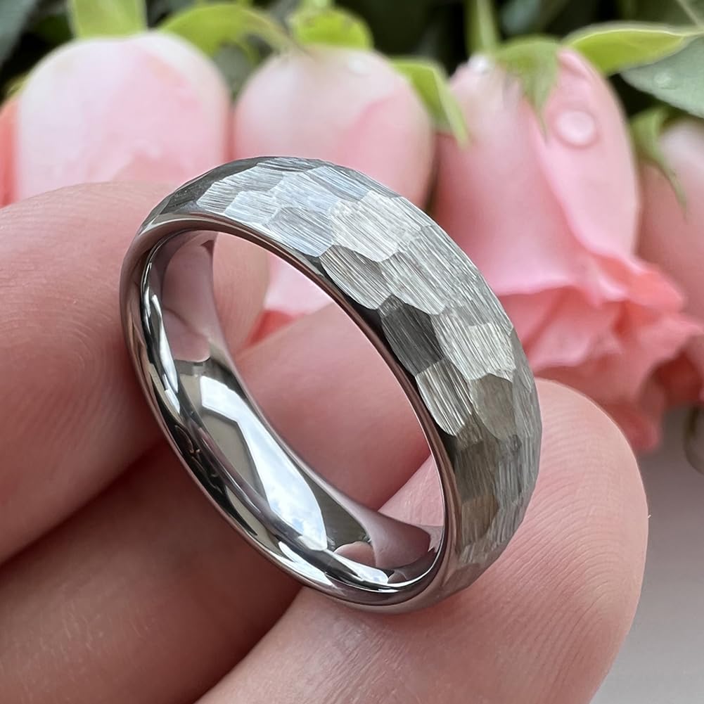 TUTISS 6mm Hammered Tungsten Carbide Rings for Men Women Engagement Wedding Bands Domed I Love You Engraved Comfort Fit Size 9.5
