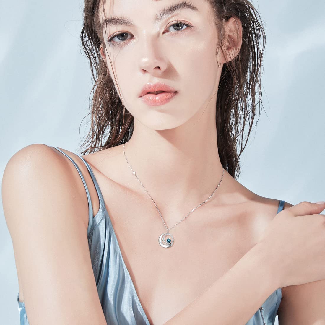FANCIME London Blue Topaz Necklace with 925 Sterling Silver Moon Star Pendant, November December Birthstone Jewelry Birthday Anniversary Mothers Day Gifts for Women Mom Her, Adjustable Chain 16"+2"