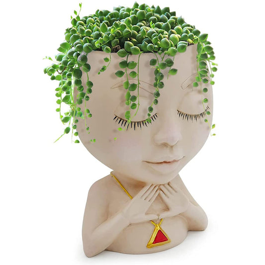 Face Planter Pot Cute Resin Flower Head Planters for Indoor Outdoor Closed Eyes Succulent Pots Gift IdeaI for Mother and Appreciation Christmas with Drainage Hole