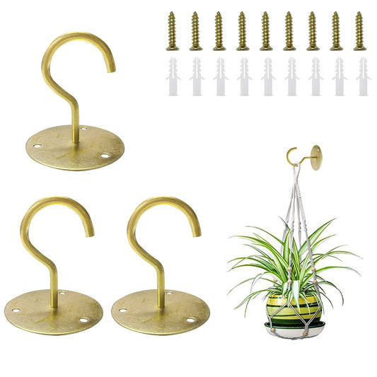 Reagia 3PCS Ceiling Hooks for Hanging Plants, Wall Mount Metal S Plant Hangers with Screws and Anchors for Hanging Plant Baskets, Lanterns, Wind Chimes, Bird Feeder(Gold)