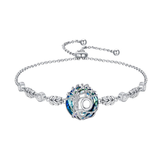 TOUPOP Tree of Life Initial Bracelet Sterling Silver Initials O Letter Link Bracelets Blue Circle Crystal Family Tree Birthday Mothers Day Jewelry Gifts for Women Mom Wife