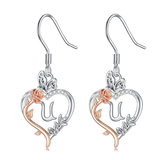 TOUPOP Rose Heart Initial Earrings Sterling Silver Butterfly Earring Initial U Letter Drop Dangle Earrings Jewelry Anniversary Birthday Mothers Day Gifts for Women Mom Wife Girlfriend Her