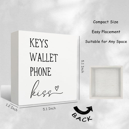Nrleey Entryway Wooden Box Sign - Keys Wallet Phone Kiss Wood Box Sign Desk Decor, Entry Way Decor, Entry Way Table Home Decor, 5 X 5 Inches