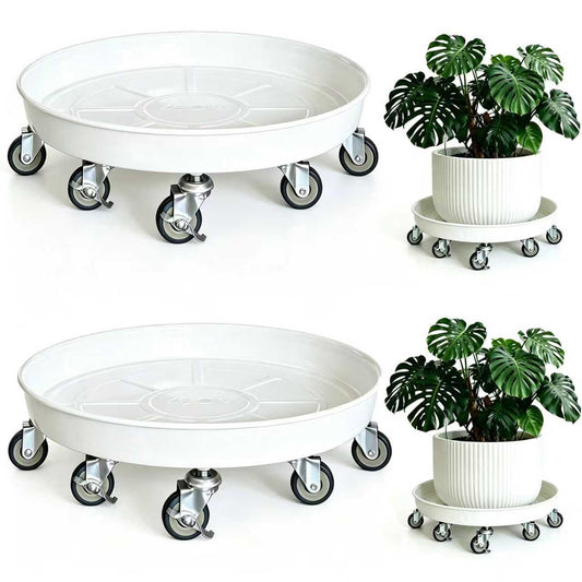 SKAFORZ Rolling Planter Caddy(430lbs Capacity), Heavy Duty Metal Plant Stand with Brake Wheels Plant Dolly Mover Plant Pot Tray Saucer for Indoor Outdoor 16 Inches White 2Pack