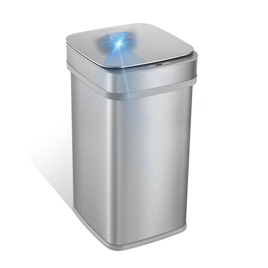 Ninestars 13 Gallon Odor Neutralizing Smart Trash Can, UV + Ozone Dual Purification, Odor Control Motion Sensor Garbage Bin, Universal Power Adapter, ONT-50-82SL Stainless Steel, Silver, Nova Series