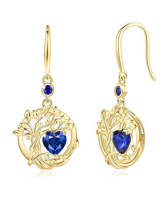 FANCIME Tree of Life Earrings 925 Sterling Silver Yellow Gold Plated Sapphire Dangle Drop Blue Gemstone Earring September Birthstone Fine Jewelry Birthday Mothers Day Gifts for Mom Her Women