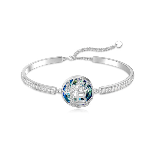 TOUPOP Tree of Life Bracelet Sterling Silver Initial B Letter Bangle Bracelet Family Tree Blue Crystal Jewelry Mothers Day Birthday Gifts for Women Mom Wife