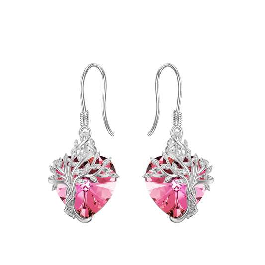 TOUPOP Heart Pink Tourmaline Earrings Sterling Silver Tree of Life Earrings October Birthstone Jewelry Birthday Mothers Day Gifts for Women Mom Her