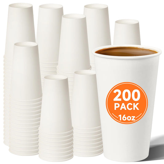 METAPRINT 200 Pack 16 oz Disposable Coffee Cups, Sturdy Paper Cups for Hot/Cold Drinks, Leak-Proof White Hot Cups used for Party, Home, Café, Events, Office