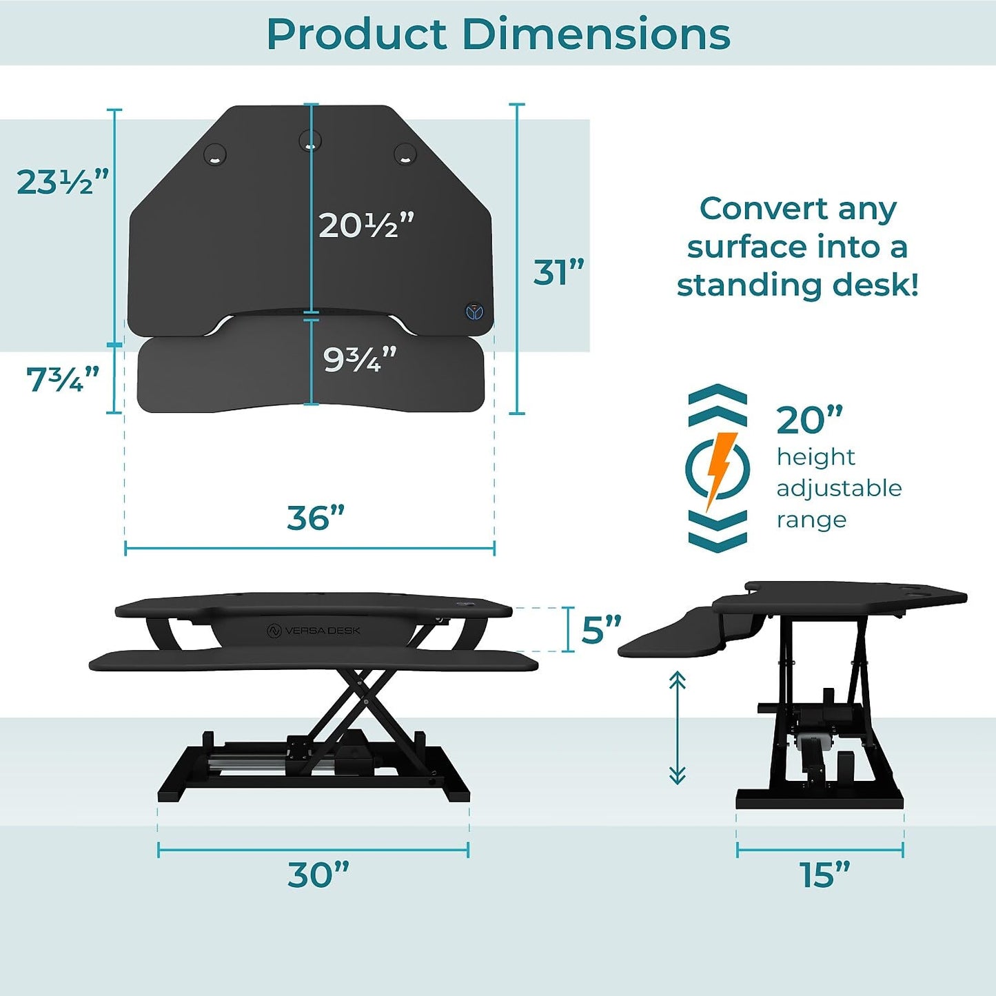 VERSADESK® PowerPro™ 36" Corner Standing Desk Converter, 36 Inch Motorized Height-Adjustable Standup Desk Riser Sit to Stand Desktop with Keyboard and Mouse Tray + USB Charging Port, Black