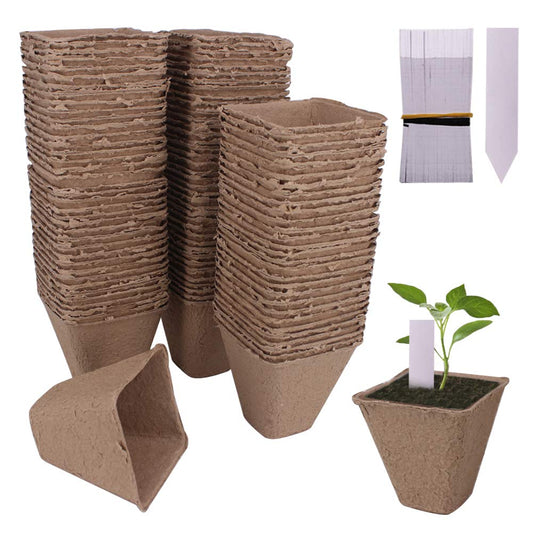 Huvai 100 Pack 3.15" Square Biodegradable Peat Pots Plant Seedling Saplings & Herb Seed Starters Kit with 100 Pcs White Plastic Plant Labels
