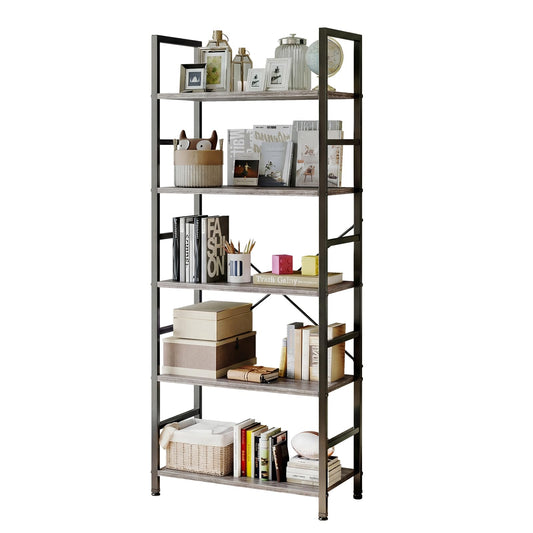 Sweetcrispy Book Shelf, 5 Tier Bookcase, Modern Tall Bookshelf for Garage Kit, CDs, Movies, Industrial Corner Storage Organizer for Bedroom Home Office Kitchen Living Room, Wood Grey