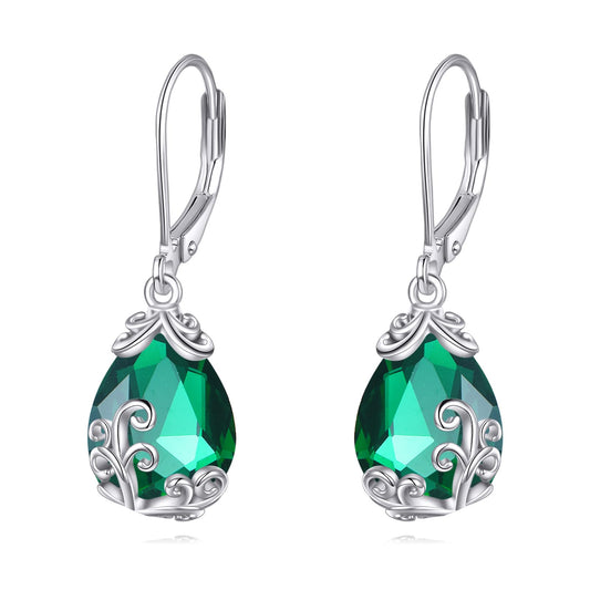POPLYKE BirthStone Filigree Teardrop Drop Dangle Earrings Sterling Silver Emerald Leverback Earrings May Birthstone Jewelry Gifts for Women