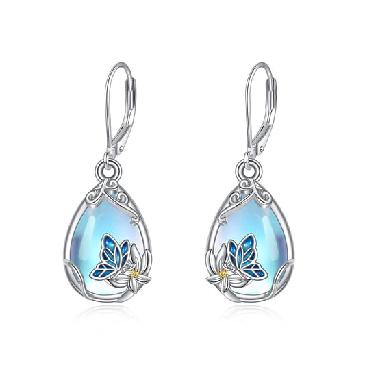 YFN Butterfly Moonstone Earrings Filigree Drop Dangle Earrings 925 Sterling Silver Flower Leverback Teardrop Earrings for Women