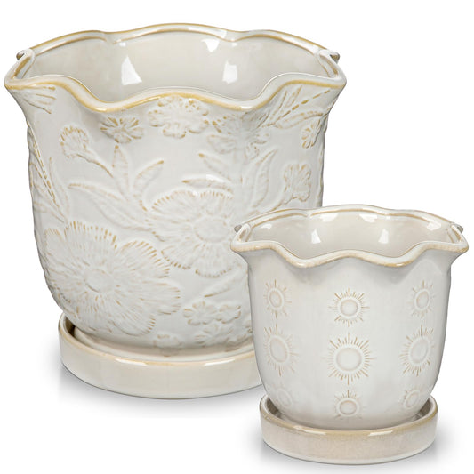 Set of 2 Ceramic Flower Pots, 8" & 5.5" Plant Pots Indoor with Drainage Hole and Saucers, Large Embossed Sunflower Planter Pot, Decorative Scalloped Rim Ceramic Pots for Plants Orchid Snake Outdoor