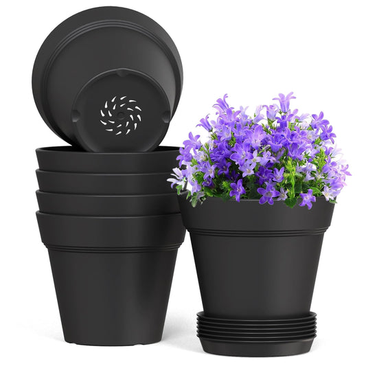 WSMKSZ 5 Inch Plastic Plant Pots with Drainage Holes and Trays – 6 Pack Small Nursery Pots for Indoor & Outdoor House Plants and Flowers, Seedling Starter Planters, Matte Black