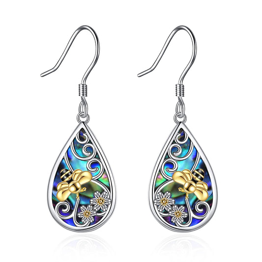 POPLYKE Bee Earrings Sterling Silver Leverback Earrings for Women Teardrop Abalone Dangle Earrings