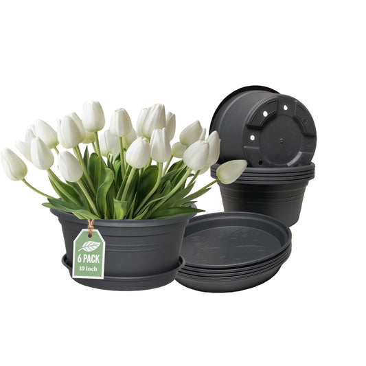 WXQLSZX 6 Pack 10 Inch Round Plastic Plant Pots with Saucers, Pot with Drainage Holes and Tray, Outdoor Pots for Plants with Decoration Flower Pots for Indoor Plants Home Garden Outdoor (Dark Gray)