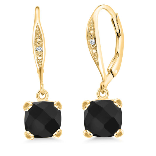 Gem Stone King Drop Dangle Earrings For Women | 7MM Cushion Cut Gemstone Birthstone and Diamond | 925 Sterling Silver | Jewelry Gift for Mom Wife Her | Onyx-Checkerboard-December | Yellow Gold