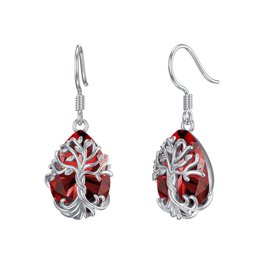 TOUPOP Garnet Tree of Life Earrings Sterling Silver Teardrop January Birthstone Earrings Family Tree Garnet Jewelry Birthday Mothers Day Gifts for Women Mom Her
