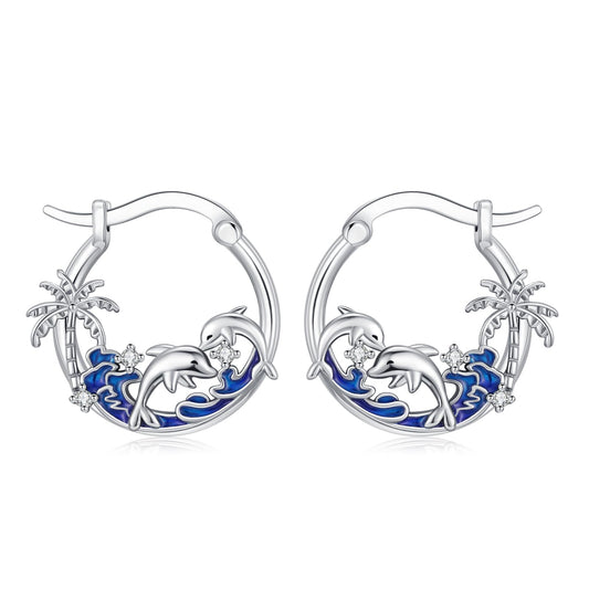 Dolphin Earrings 925 Sterling Silver Ocean Palm Tree Hoop Earrings Beach Themed Summer Jewelry Dolphin Graduation Gifts for Women Daughter Her