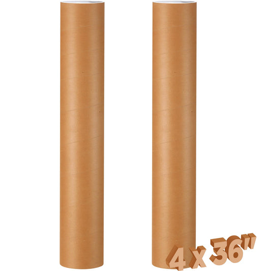 Dunzoom 2 Pack 4 x 36 Inch Mailing Tubes 0.12" Thick Kraft Paper Poster Tube with Plastic Caps for Mailing Storing Rolled Goods Storage of Art Craft Document