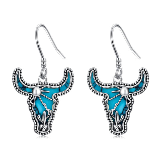 KoyeKei Western Cow Skull Earrings for Cowgirl Cowboy 925 Sterling Silver Longhorn Cow Skull Cactus Turquoise Dangle Drop Earrings Country Jewelry Bohemian Gifts for Women