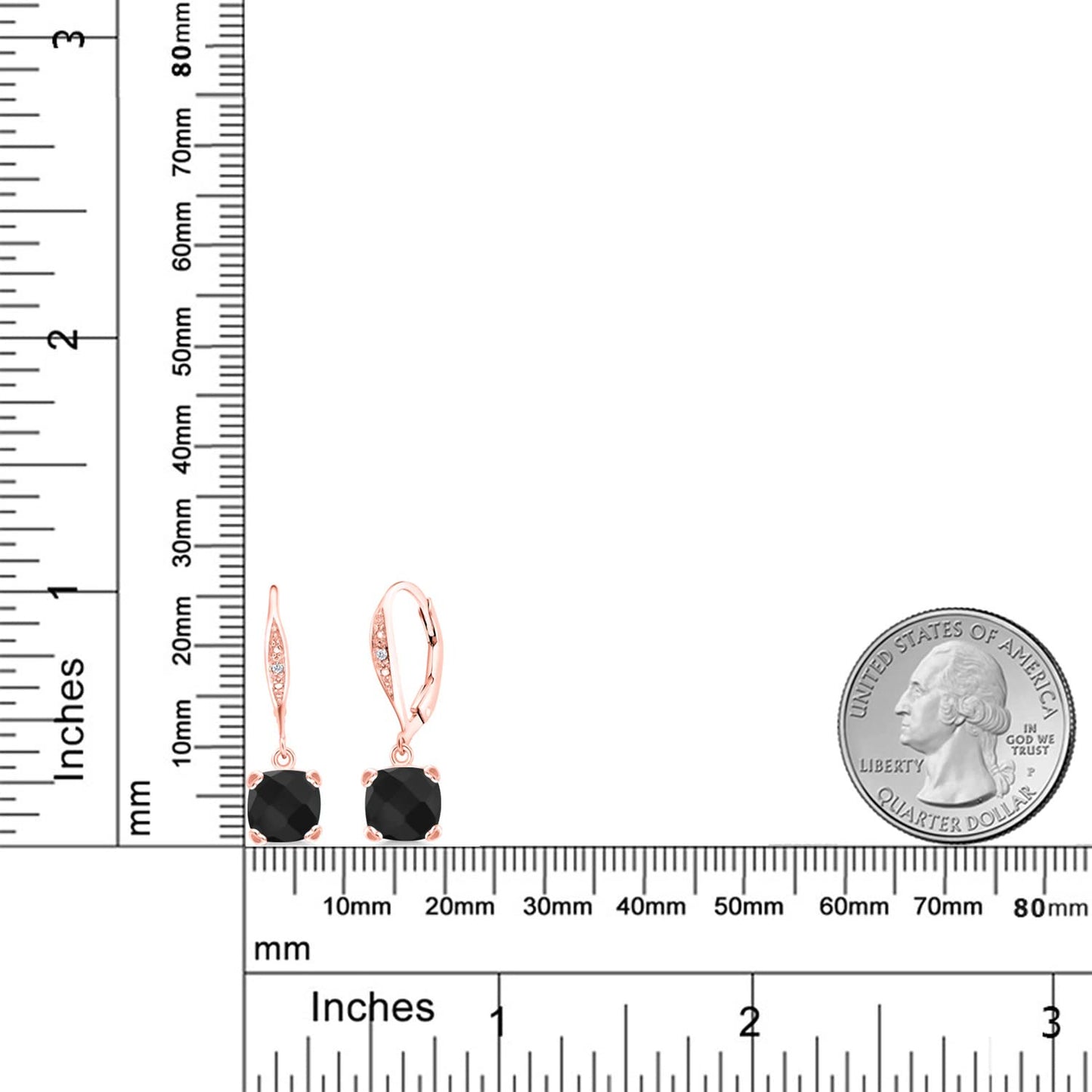 Gem Stone King Drop Dangle Earrings For Women | 7MM Cushion Cut Gemstone Birthstone and Diamond | 925 Sterling Silver | Jewelry Gift for Mom Wife Her | Onyx-Checkerboard-December | Rose Gold
