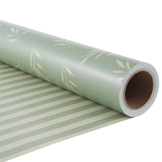 ZINTBIAL Reversible Gift Wrapping Paper Roll - Light Green Background with Beige Leaves - Green Stripe Design - for Birthdays,Weddings,Baby Showers,Mother's Day,Christmas - 17.5" x 33' (48 sq. ft.)