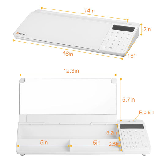 SELEAD Desktop Glass Whiteboard with Calculator & Built-in Mirror, Dry Erase White Board Computer Pad Keyboard Stand with Organizer Drawer, Desk Accessories for Home, School, Office