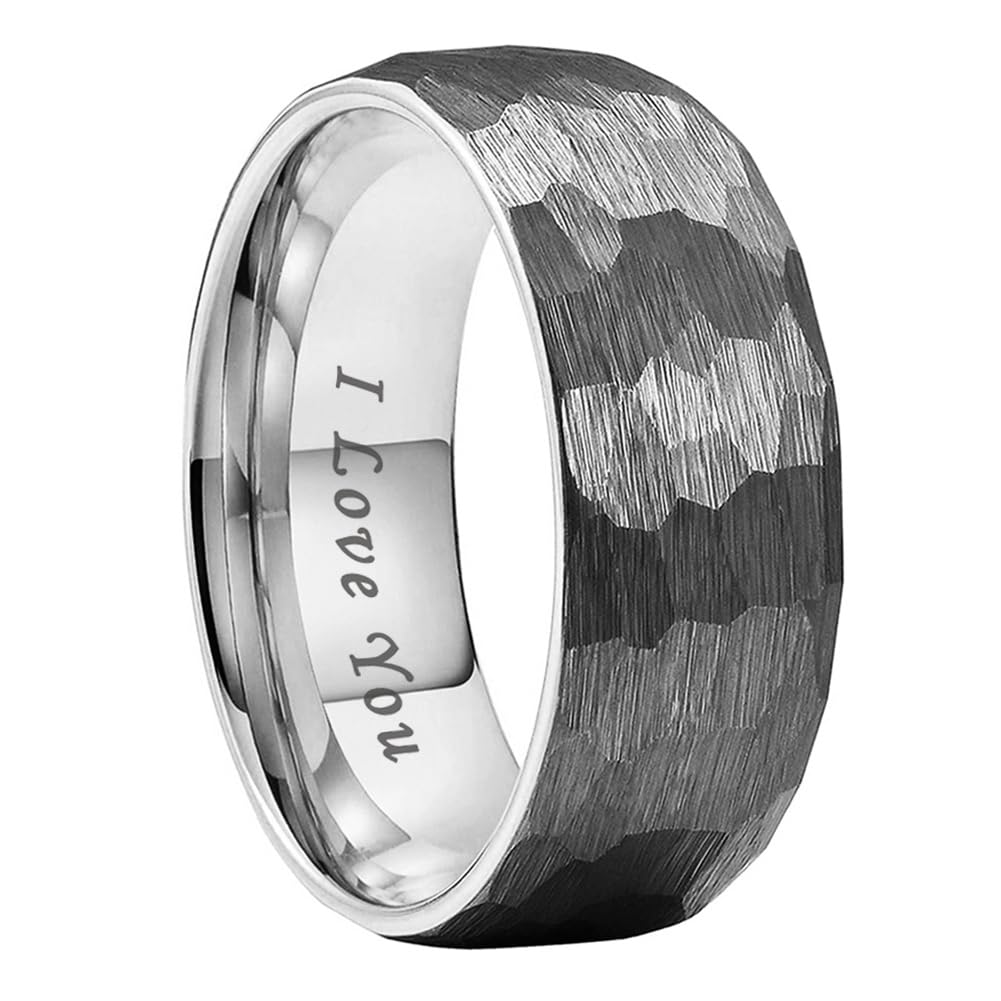 TUTISS 8mm Hammered Tungsten Carbide Rings for Men Women Engagement Wedding Bands Domed I Love You Engraved Comfort Fit Size 9.5