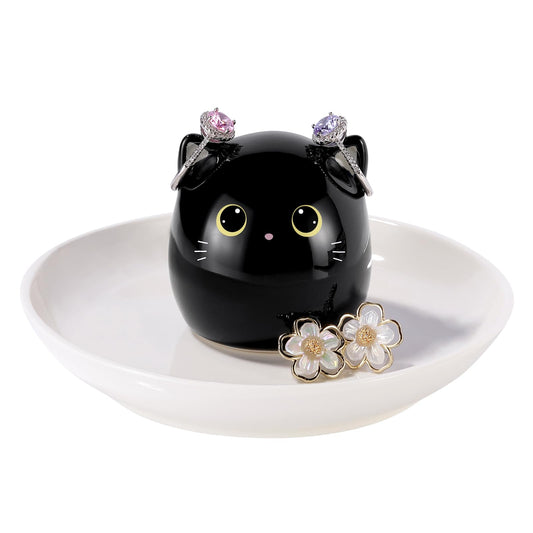PUDDING CABIN Cat Lover Gifts for Women, Black Cat Ring Holder Dish for Jewelry Rings Earrings Necklace Watch Keys, Birthday Christmas Engagement Wedding Gifts