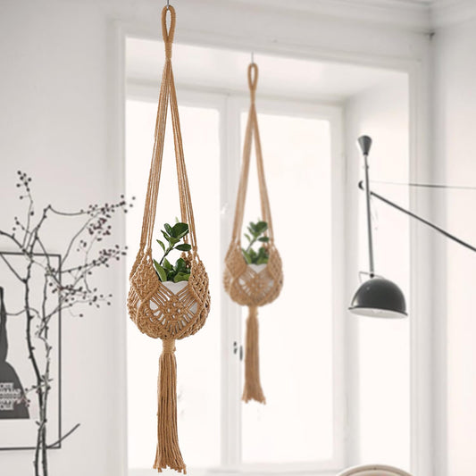 zuduoeoa 2-Pack Macrame Plant Hangers, Jute Hanging Planters for Indoor Plants for up to 8 Inch Pot Hanging Baskets Boho Plant Holder Basket for Outdoor Home, Handwoven, 35 Inchs