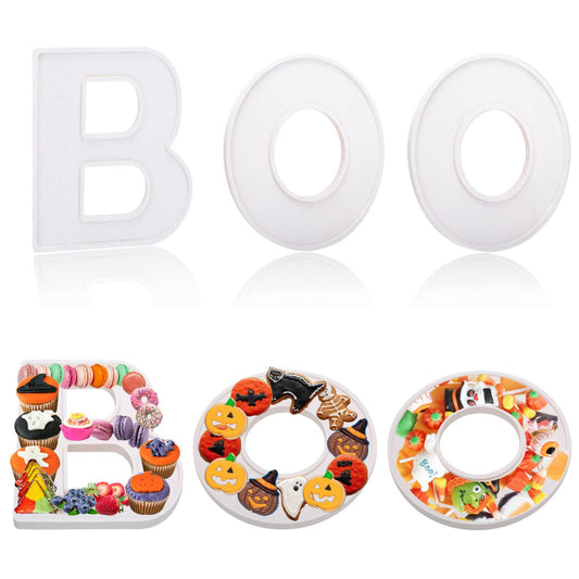 3pcs The Letters BOO Wooden Charcuterie Board, 12 Inch Larger Halloween Food Trays, Fillable The Letters Shaped Serving Platter for Snack Candy Cookie Dessert, Perfect for Halloween Party Decoration