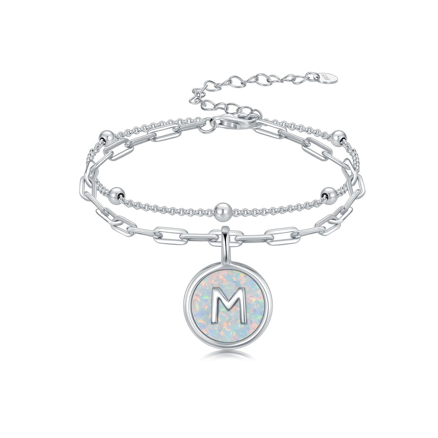 LWQQWL Initial M Bracelet for Women 925 Sterling Silver Layered Initial Bracelet Opal Letter 26 Alphabet Jewelry Christmas Gifts