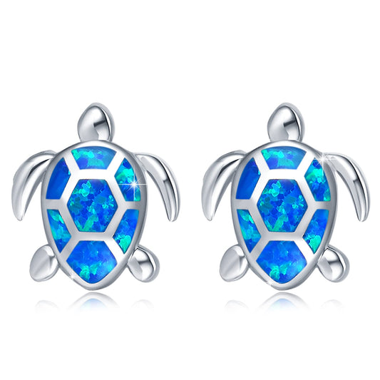 AOVEAO Sea Turtle Earrings,Sterling Silver Hawaiian Beach Themed Stud Earrings Turtle Dangle Blue Opal Ocean Jewelry Gifts for Women Girlfriend (Stud)