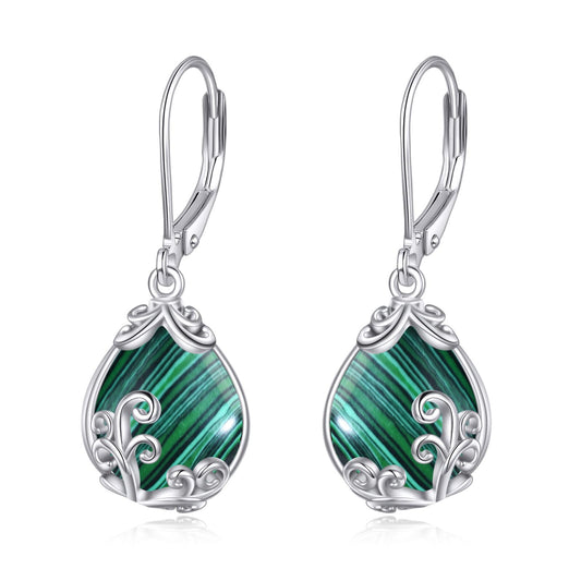 POPLYKE Malachite Filigree Teardrop Drop Dangle Earrings Sterling Silver Leverback Earrings Malachite Jewelry Gifts for Women