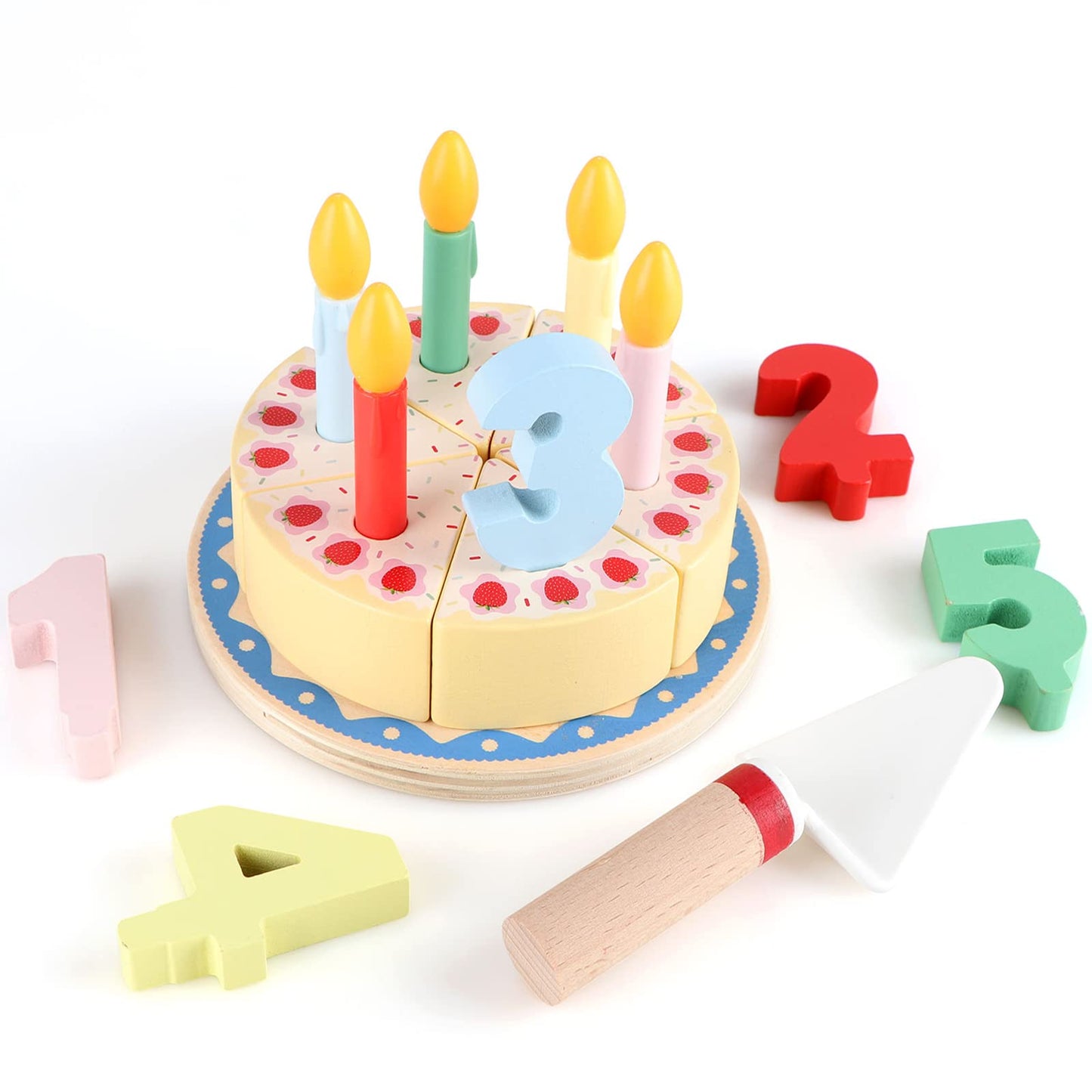 Steventoys Wooden Cutting Cake Play Set, Fake Cake with Candles and Numbers, Pretend Play Food Set, Montessori Tea Party Toys Learning Kitchen Toys for Boys Girls 1-6 Years