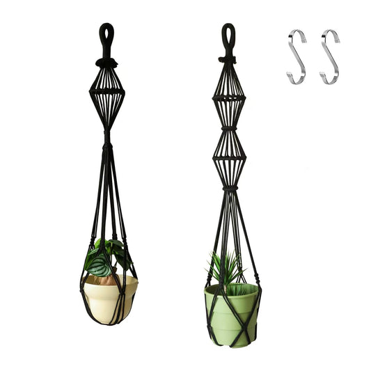 XINBOR Hourglass Floating Macrame Plant Hangers 2 Pack Handmade Cotton Rope Hanging Planters Basket with S Hooks, Diamond Openwork Boho Home Decor for Indoor Outdoor, Plants Holder 35" & 39” (Black)