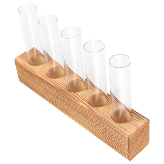 SEWACC Hydroponic Glass Planter Vase with 5-Hole Wooden Base, Plant Terrarium for Indoor Propagation and Home Office Décor, Glass Bud Vases for Desktop Hydroponics