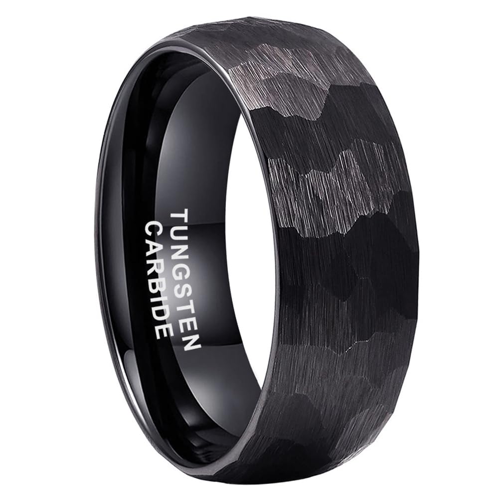 TUTISS 8mm Black Hammered Tungsten Rings for Men Women Fashion Engagement Wedding Bands Domed Matte Finish Comfort Fit Size 10