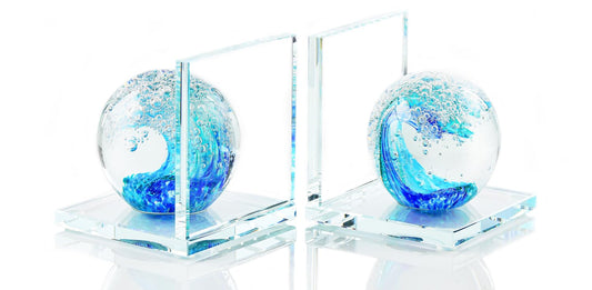 Arikyrist 1 Pair Crystal Bookends for Heavy Books with Hand Blown Ocean Waves Ball Glass Decorative Non Skid Bookends for Bookshelf Office Home (Dark Blue and Dark Green)