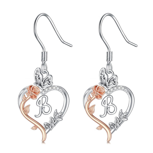 TOUPOP Rose Heart Initial Earrings Sterling Silver Butterfly Earring Initial B Letter Drop Dangle Earrings Jewelry Anniversary Birthday Mothers Day Gifts for Women Mom Wife Girlfriend Her
