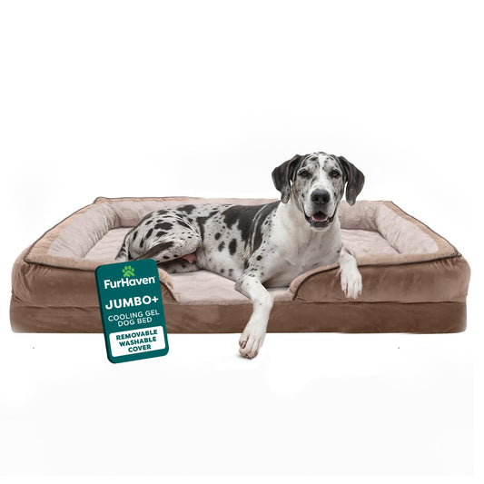 FurHaven Cooling Gel Dog Bed for Large Dogs, Perfect Comfort Sofa Bed with Cool Gel-Top Foam & Solid Orthopedic Foam Base for Joint Support, Washable Cover, Jumbo Plus XXL, Plush & Velvet, Brownstone.